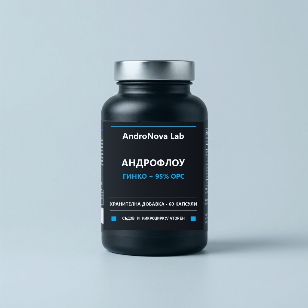 Матов черен буркан AndroNova Lab АндроФлоу Гинко + 95% OPC с 60 капсули