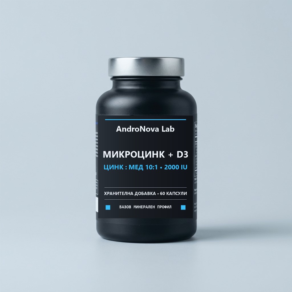 Матов черен буркан AndroNova Lab МикроЦинк + Витамин D3 с 60 капсули за 60 дни